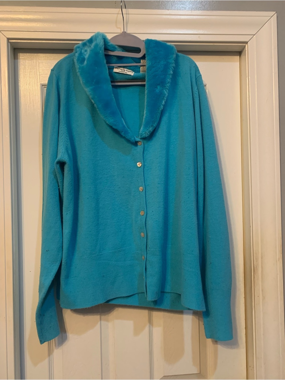 Stephanie Rogers Turquoise Womens Plus Size Faux FurPlush-Collar Button Cardigan
